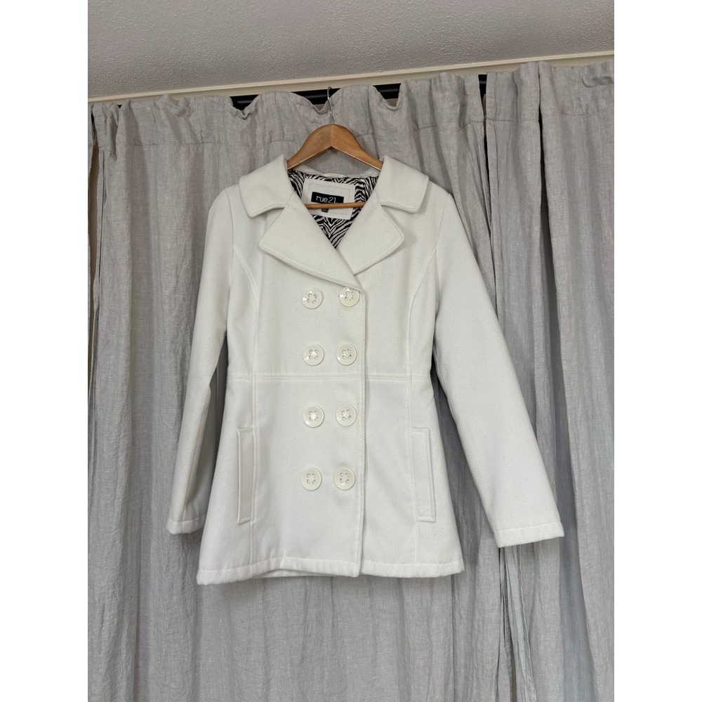 Rue21 Womens White Wool Blend Double Breasted Pea Coat Zebra Print Lining Size M